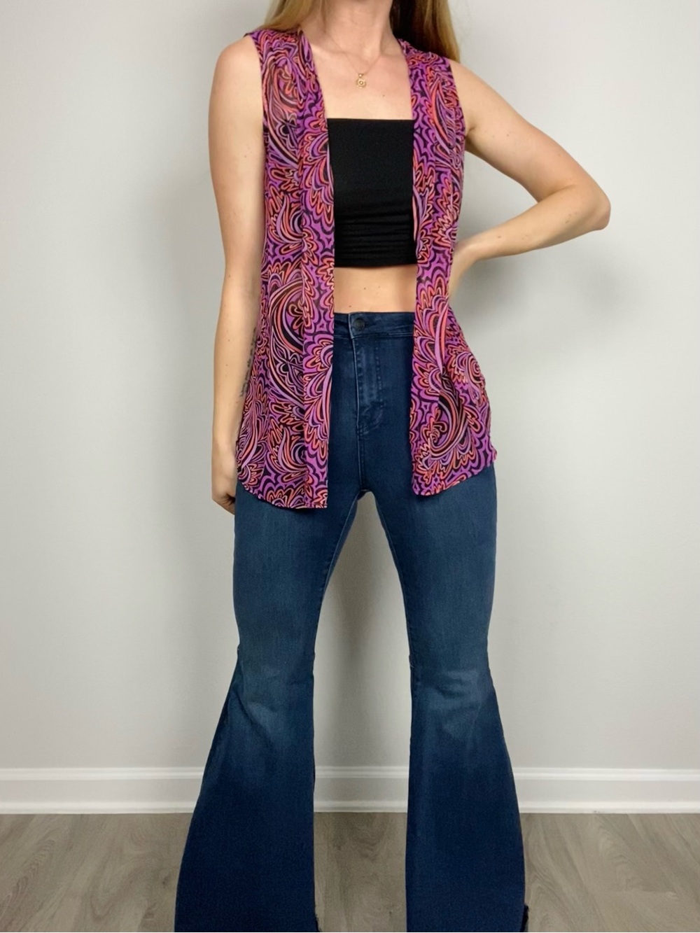 Bob Mackie Wearable Art Paisley Sheer Open Front Vest Pink Purple